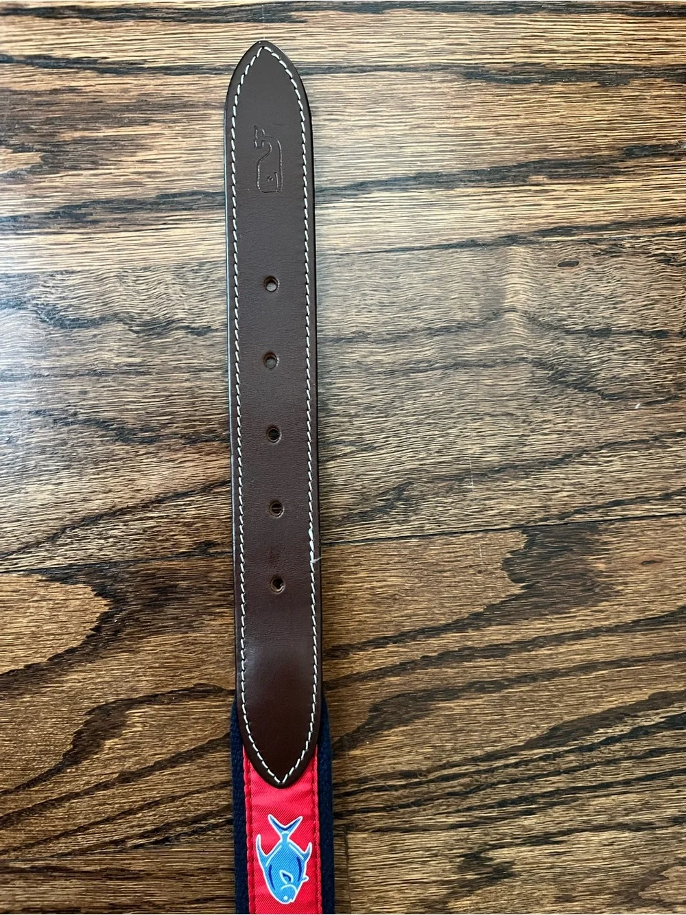 Vineyard Vines Red Silk Fish Motif And Italian Leather Trim Leather Belt Size 34
